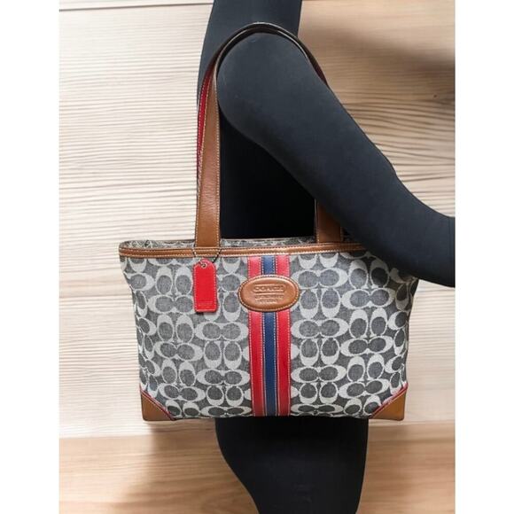 Vintage Coach 7023 Signature Denim Stripe Small Tote Bag & 8697 Skinny Wristlet - Picture 9 of 15